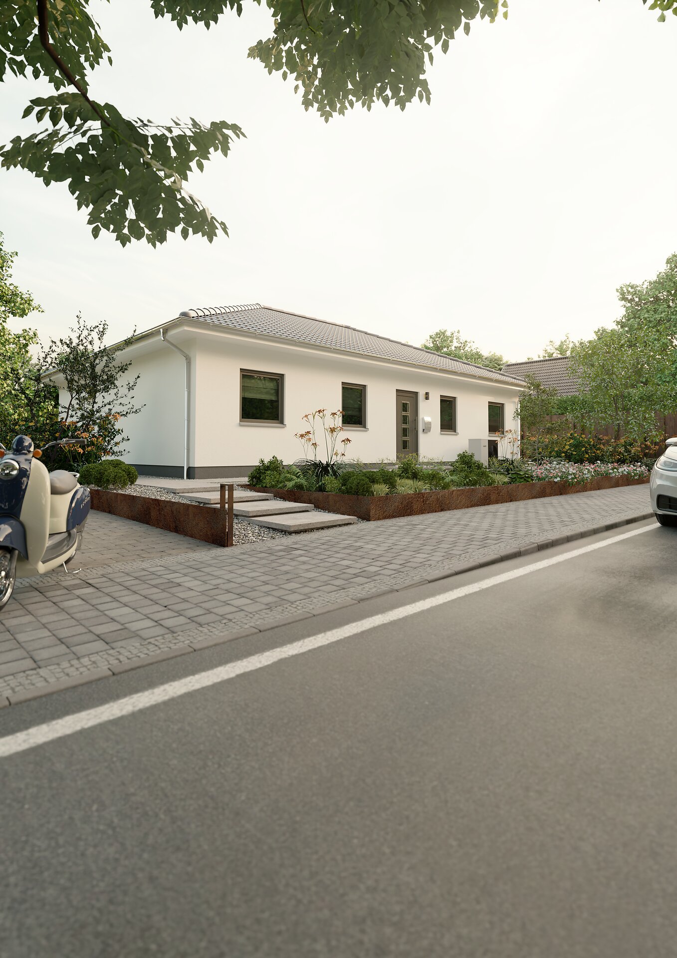 Moderner Bungalow 110 mit Walmdach Bungalow 110 Außenansicht mit klarer Linienführung und Garten